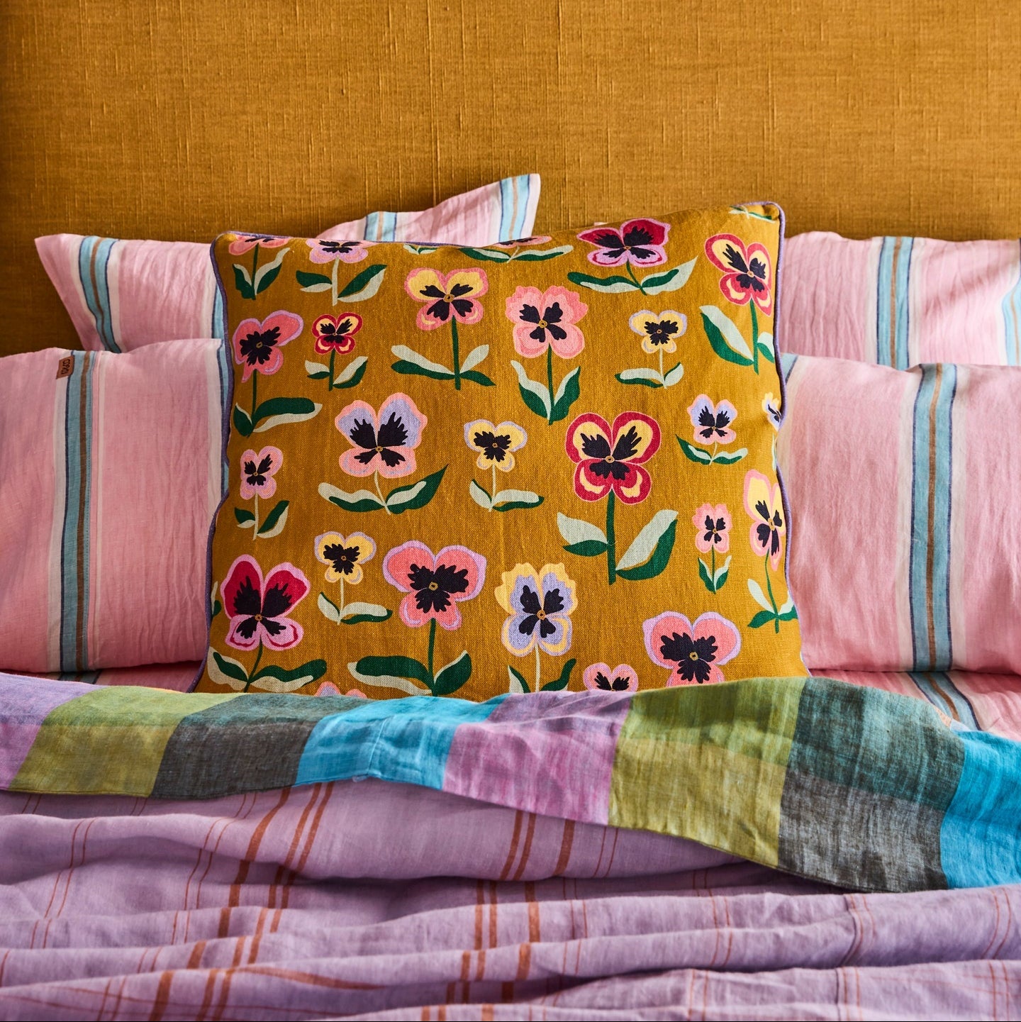 Pretty Pansy Gold Upholstery Cushion