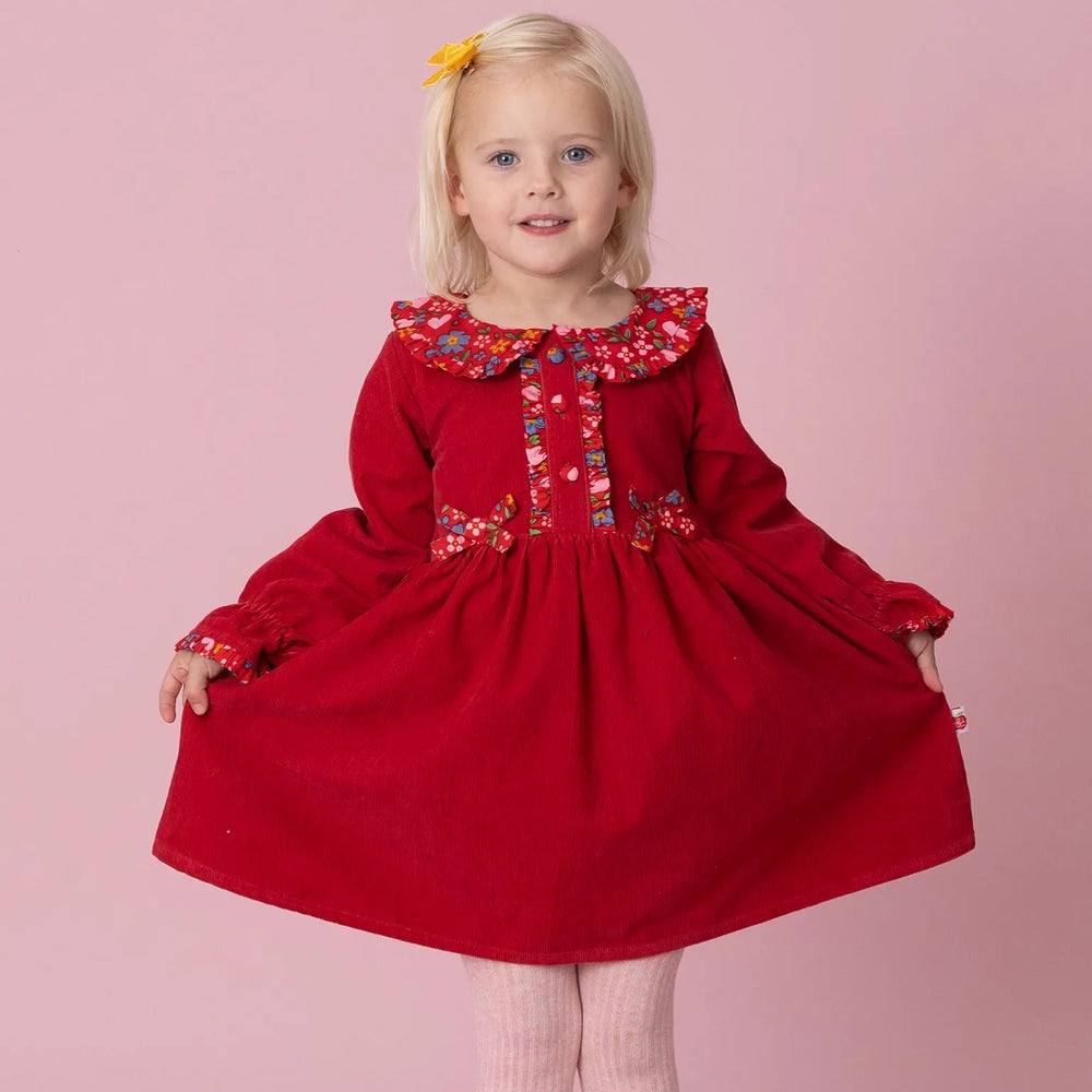 Raspberry Corduroy Dress with Fabric Collar