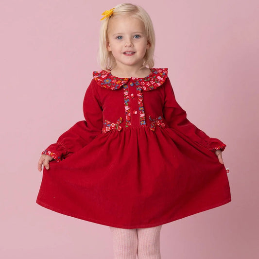 Raspberry Corduroy Dress with Fabric Collar