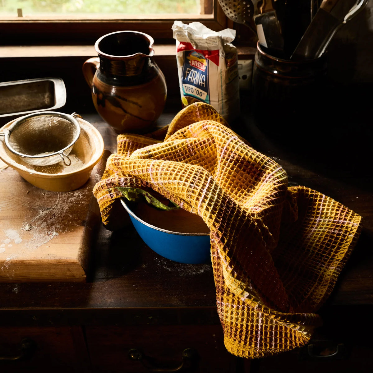 Frances Ochre Waffle Tea Towel
