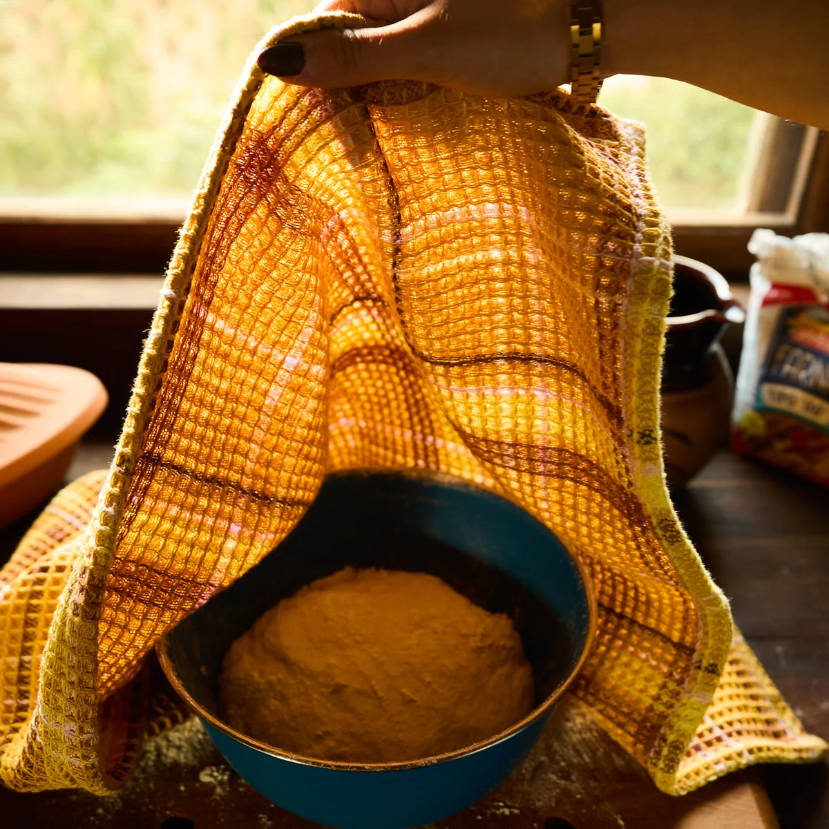 Frances Ochre Waffle Tea Towel