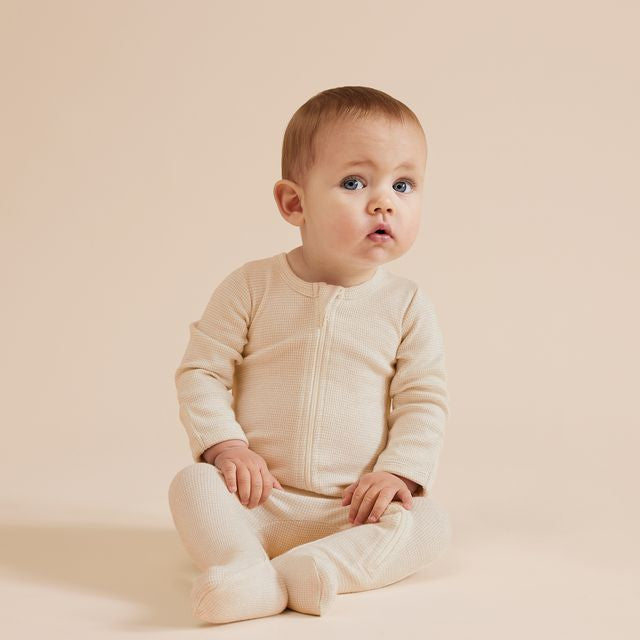 Oatmeal Organic Stripe Rib Zipsuit with Feet