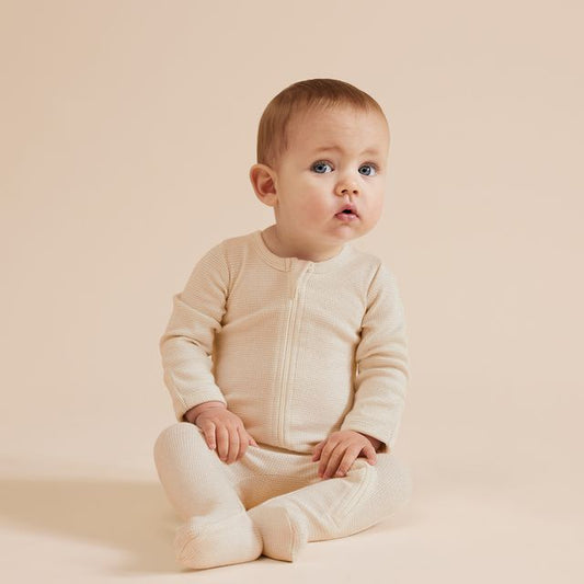 Oatmeal Organic Stripe Rib Zipsuit with Feet