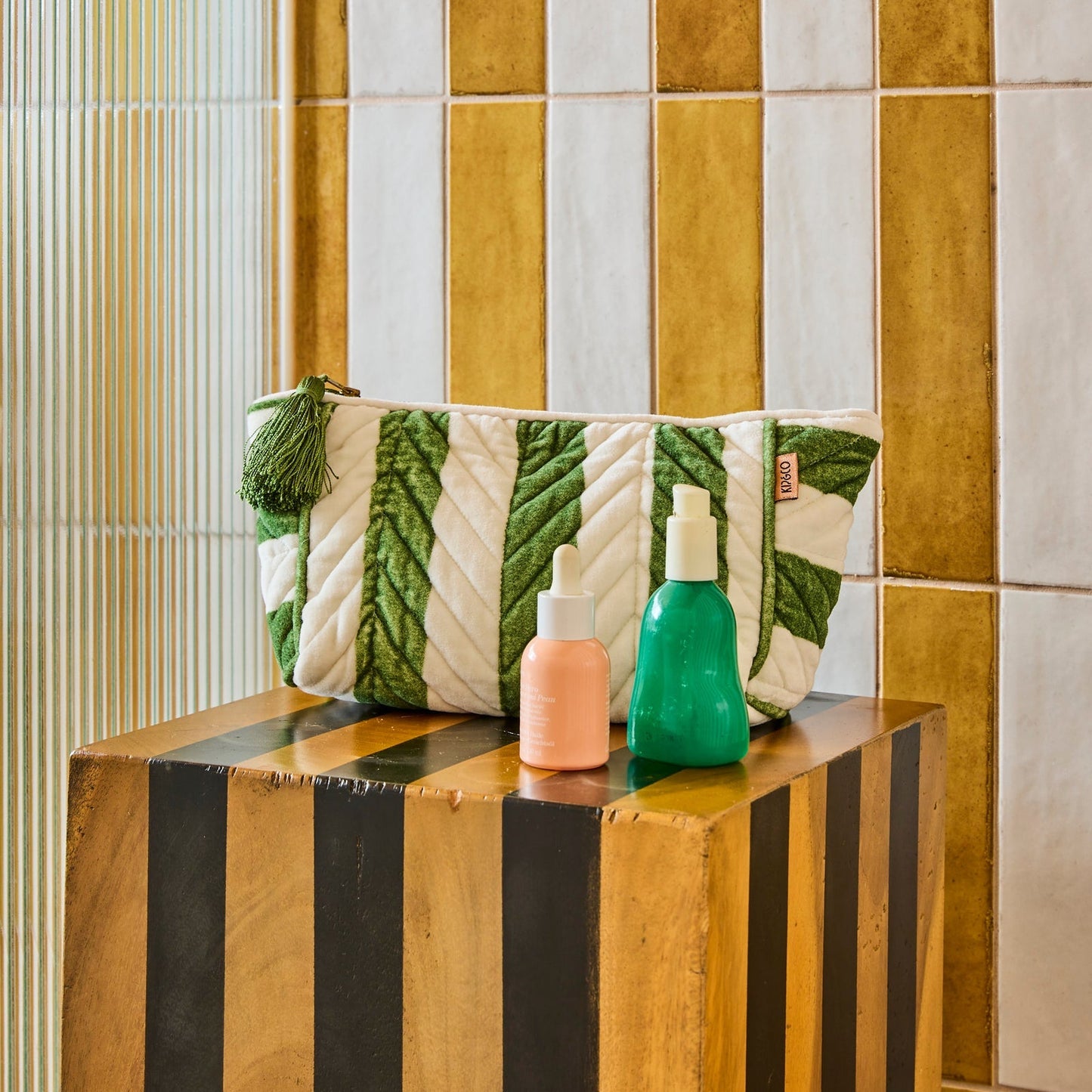 Moss Stripe Velvet Toiletry Bag