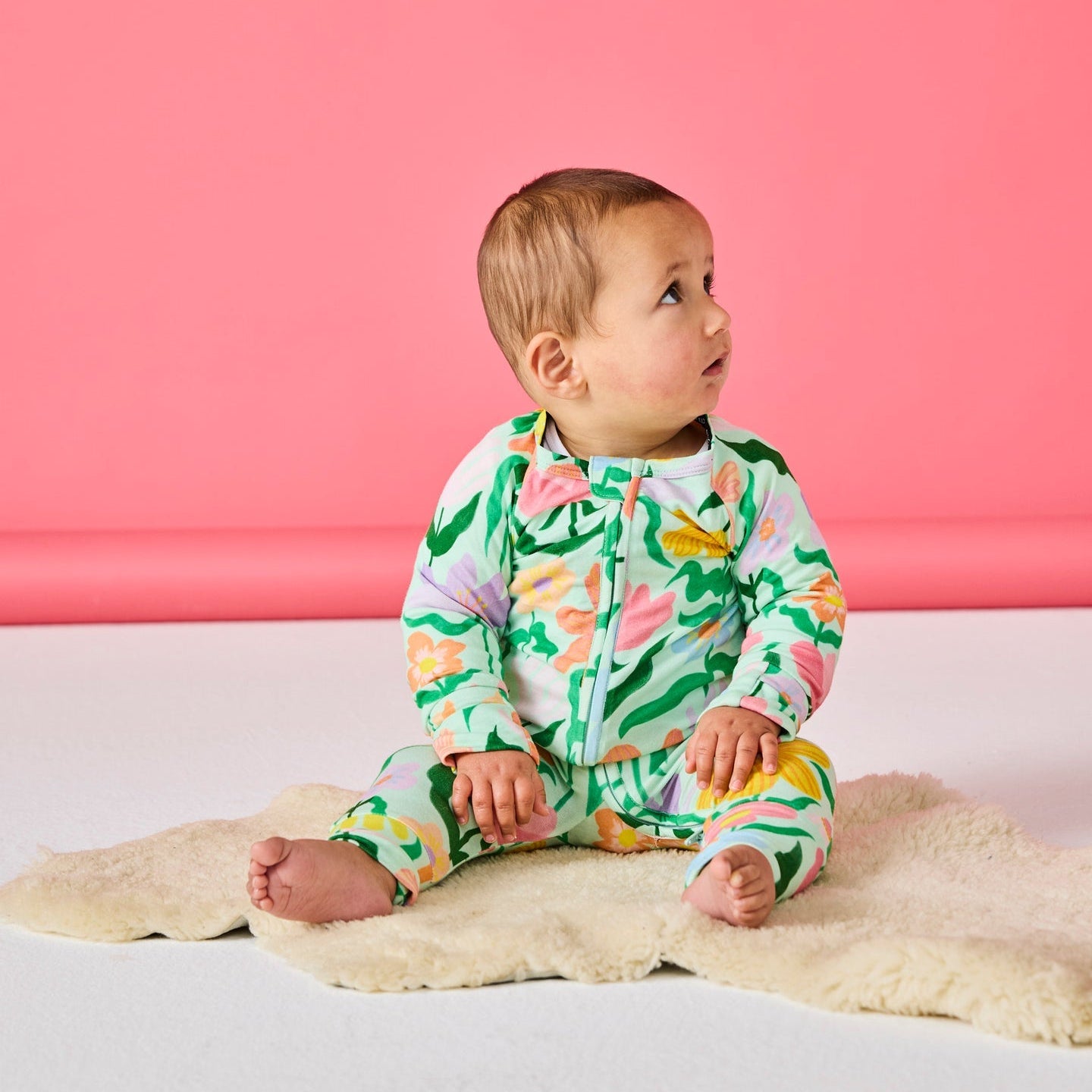 Popping Flowers Green Organic Long Sleeve Zip Romper
