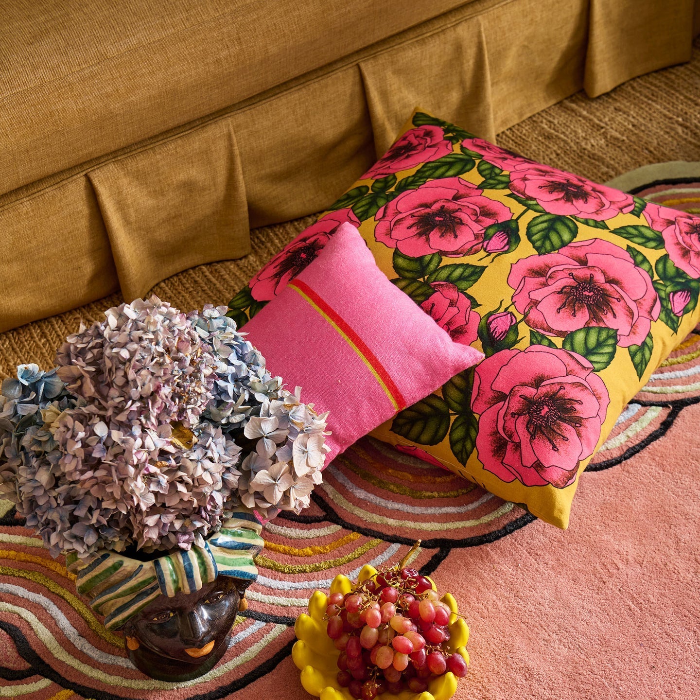 Golden Peony Embroidered Cushion