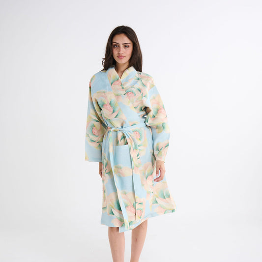 Big Beauty Floral Blue Linen Robe