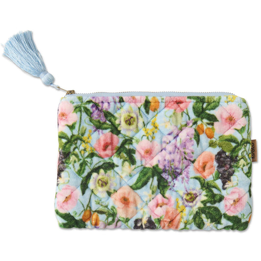 Floral patterned pouch with a tassel on a white background