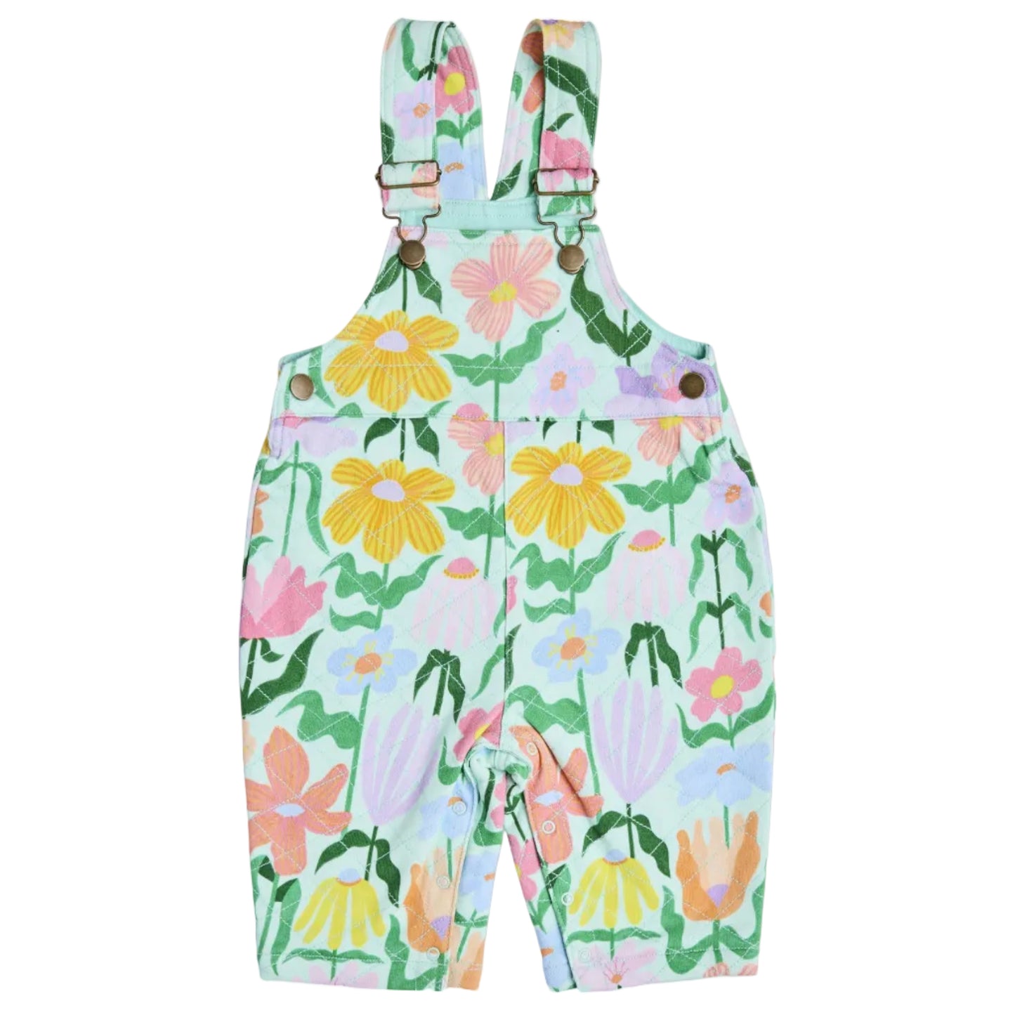 Popping Flowers Green Organic Cotton Quilted Fleece Overalls