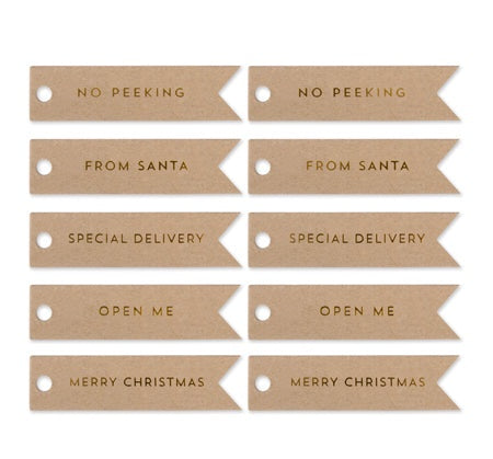 Xmas Flag Tags Gold on Kraft 10 Mixed
