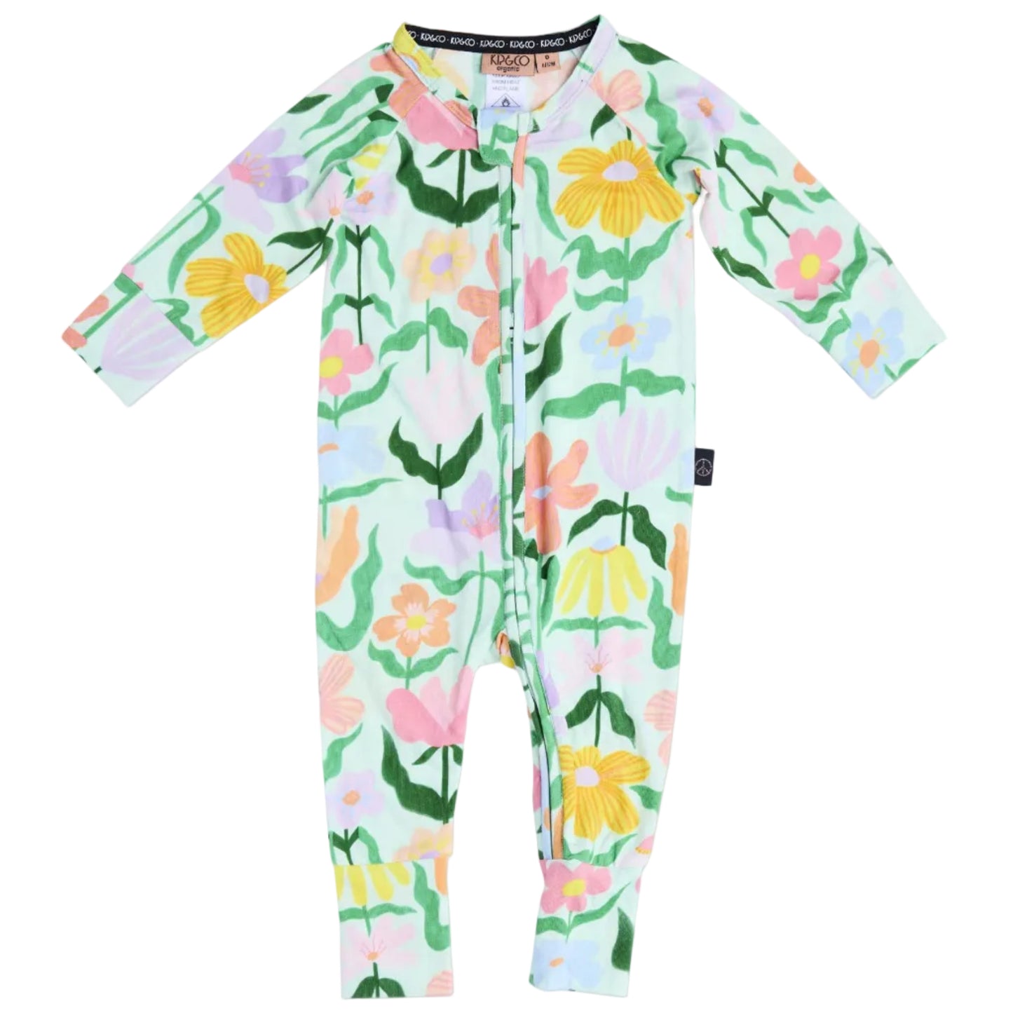 Popping Flowers Green Organic Long Sleeve Zip Romper