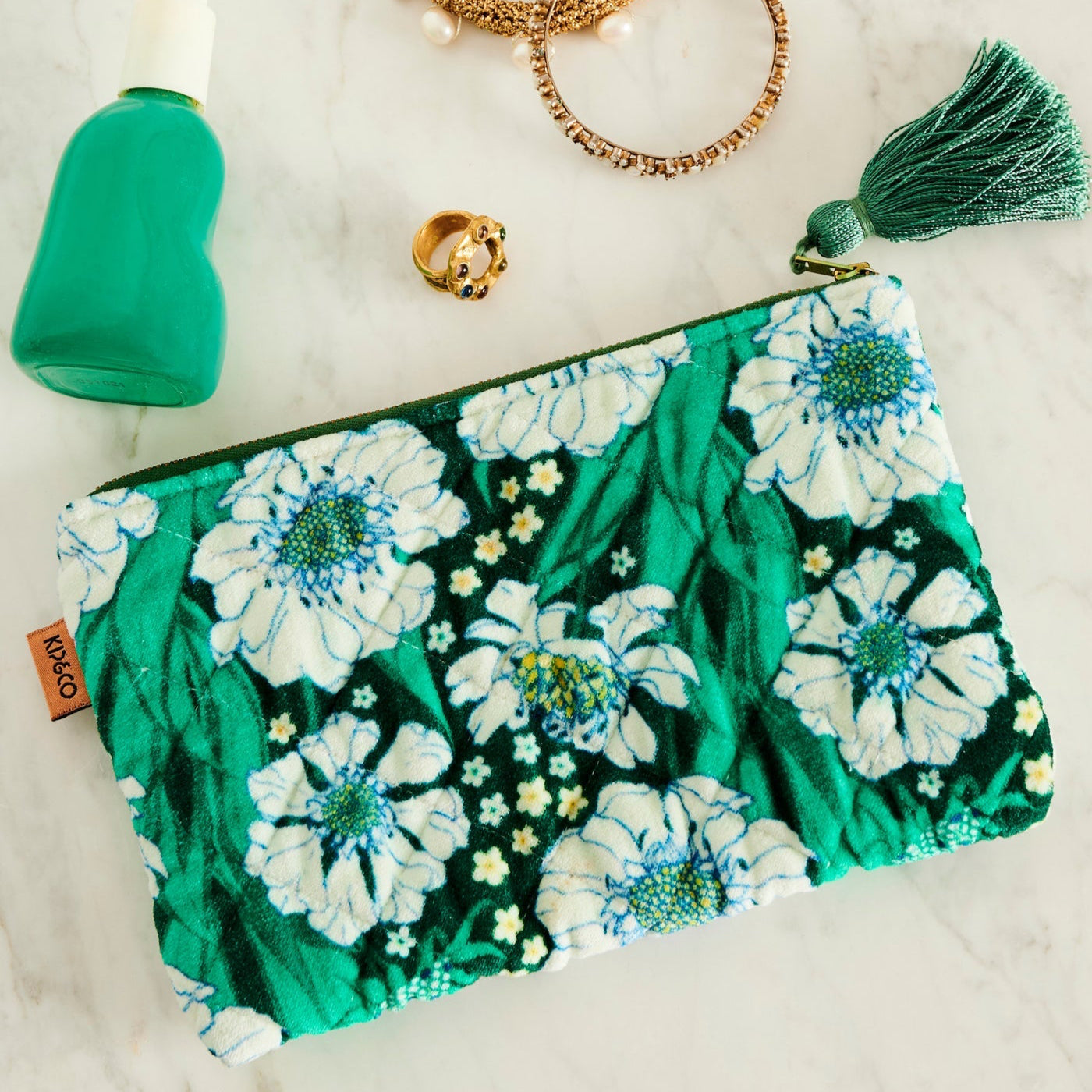 Tumbling Flowers Green Velvet Cosmetics Purse