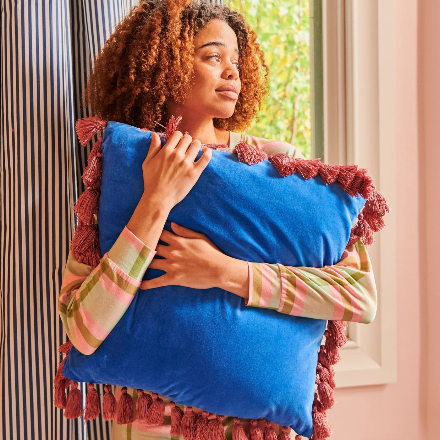 Sapphire Blush Velvet Tassel Cushion