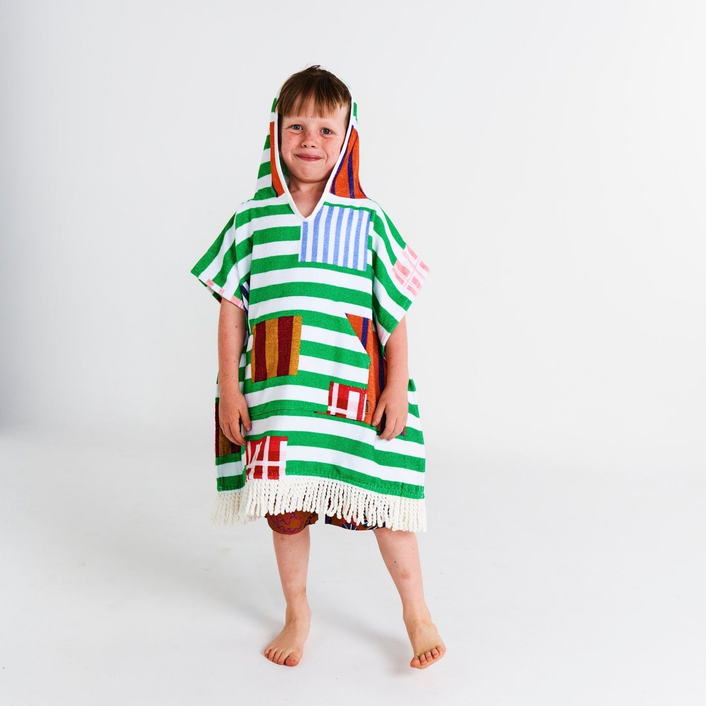 Stripe On Stripe Printed Kids Terry Poncho