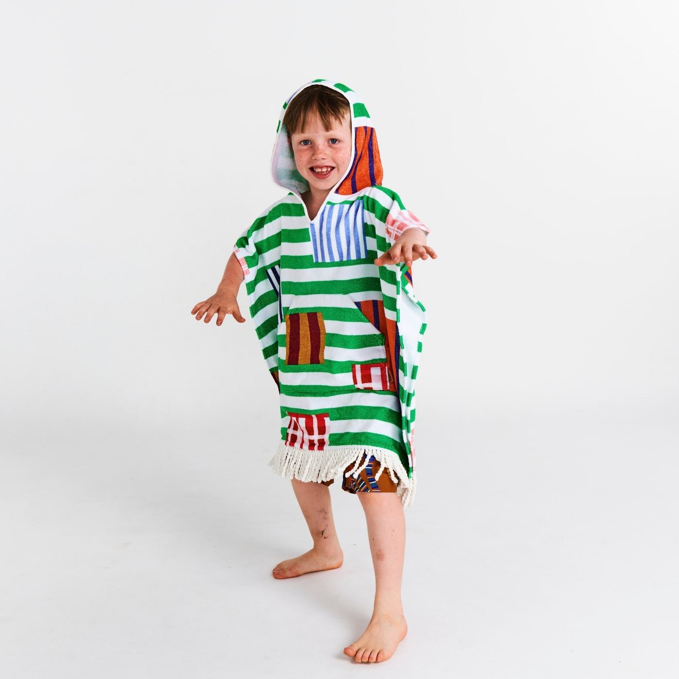 Stripe On Stripe Printed Kids Terry Poncho