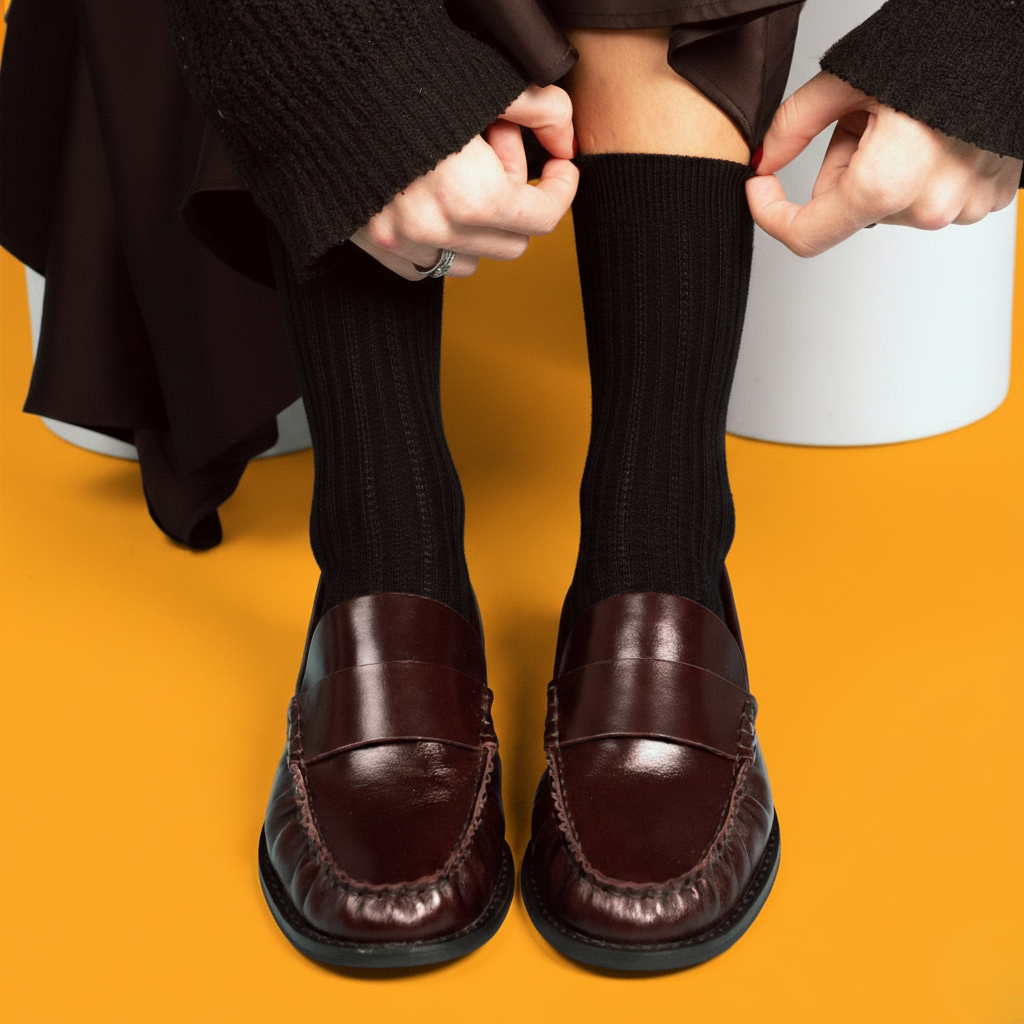 Black Pointelle Fine Rib Knit Socks