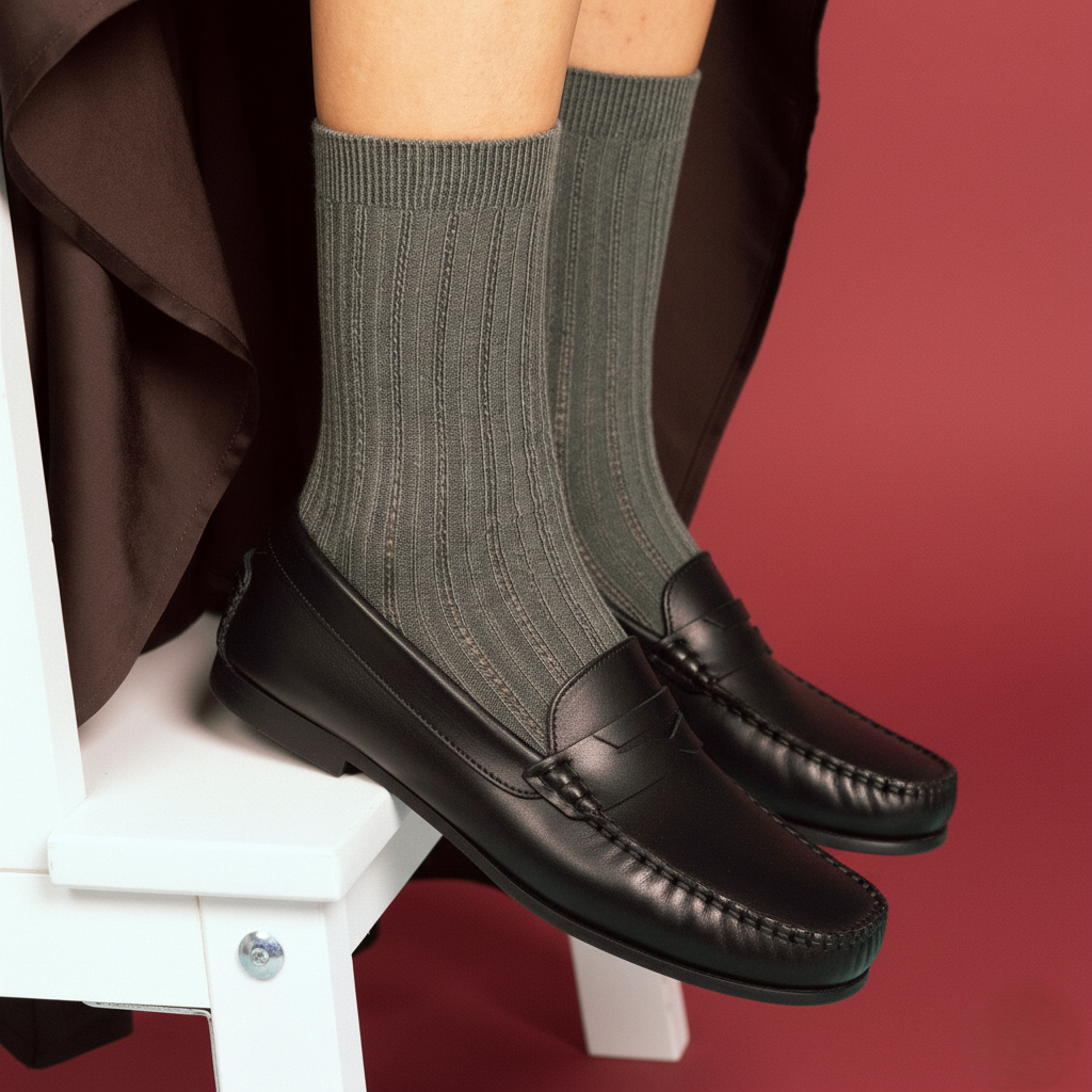 Khaki Pointelle Fine Rib Knit Socks