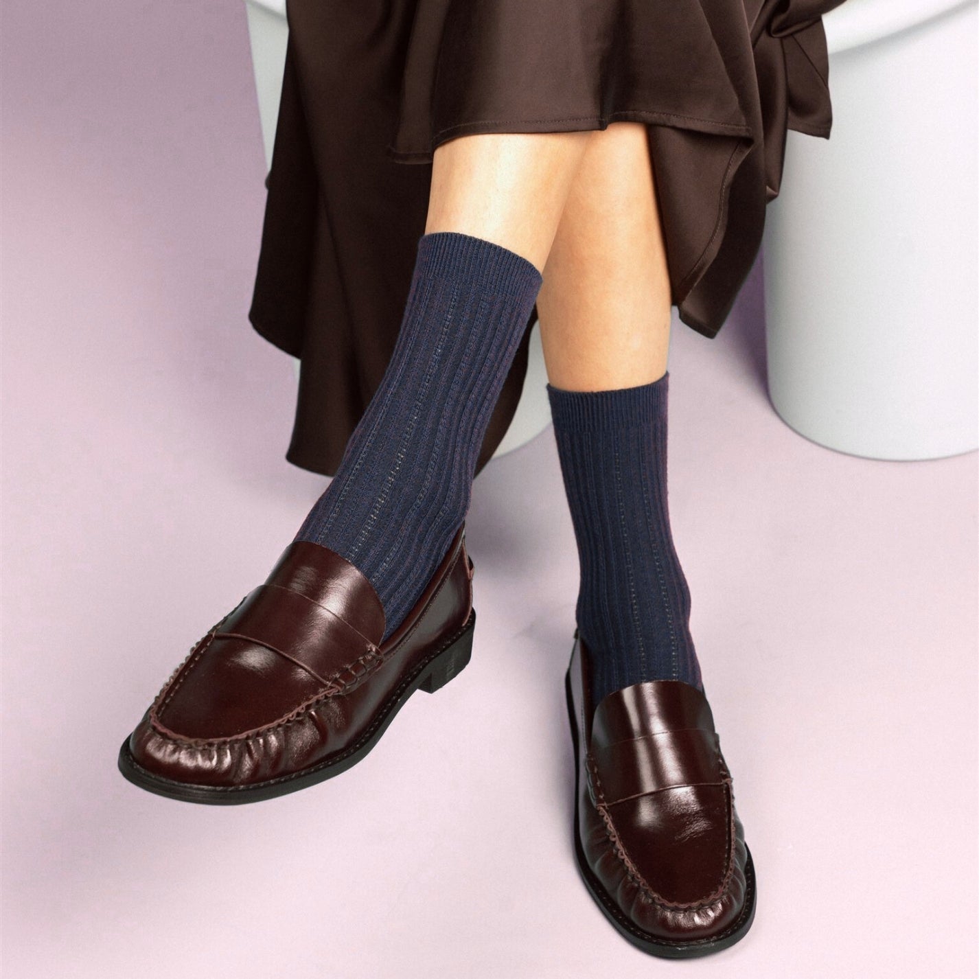 Navy Pointelle Fine Rib Knit Socks
