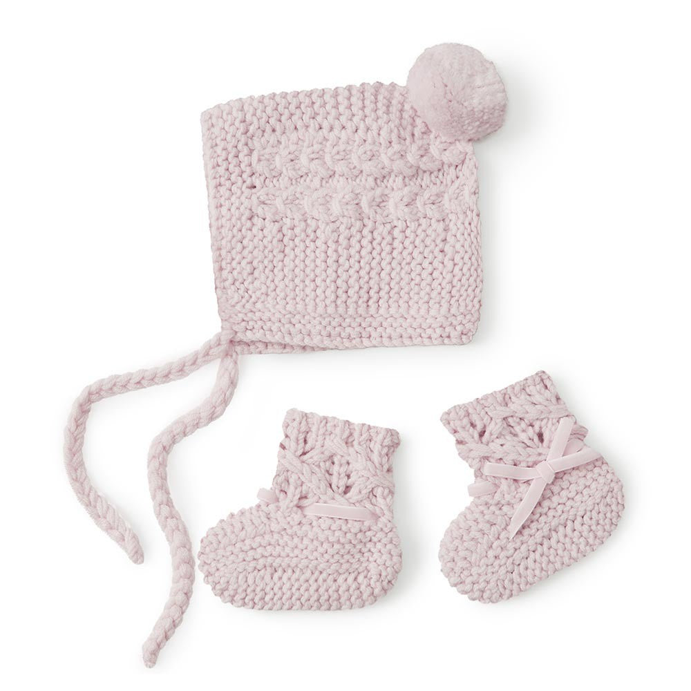 Merino Wool Bonnet & Booties Set Pink