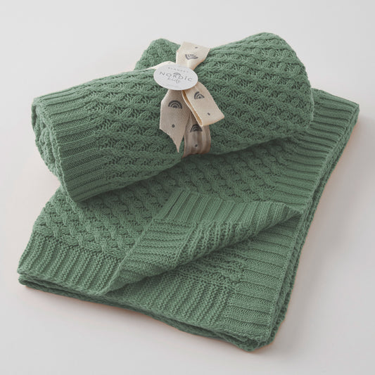 Basket Weave Knit Blanket - Forest Green