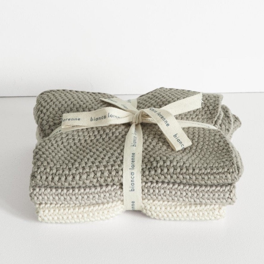 Knitted Cotton Washcloths Taupe Set of 3