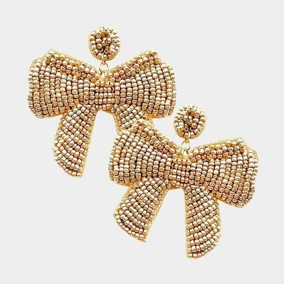 Beaded Earrings Gold Bow